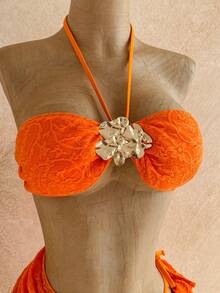 Soleia Women's Solid Color Jacquard Bikini Set, Suitable For Beach Vacation Summer Bathing Suit - Orange - View 6