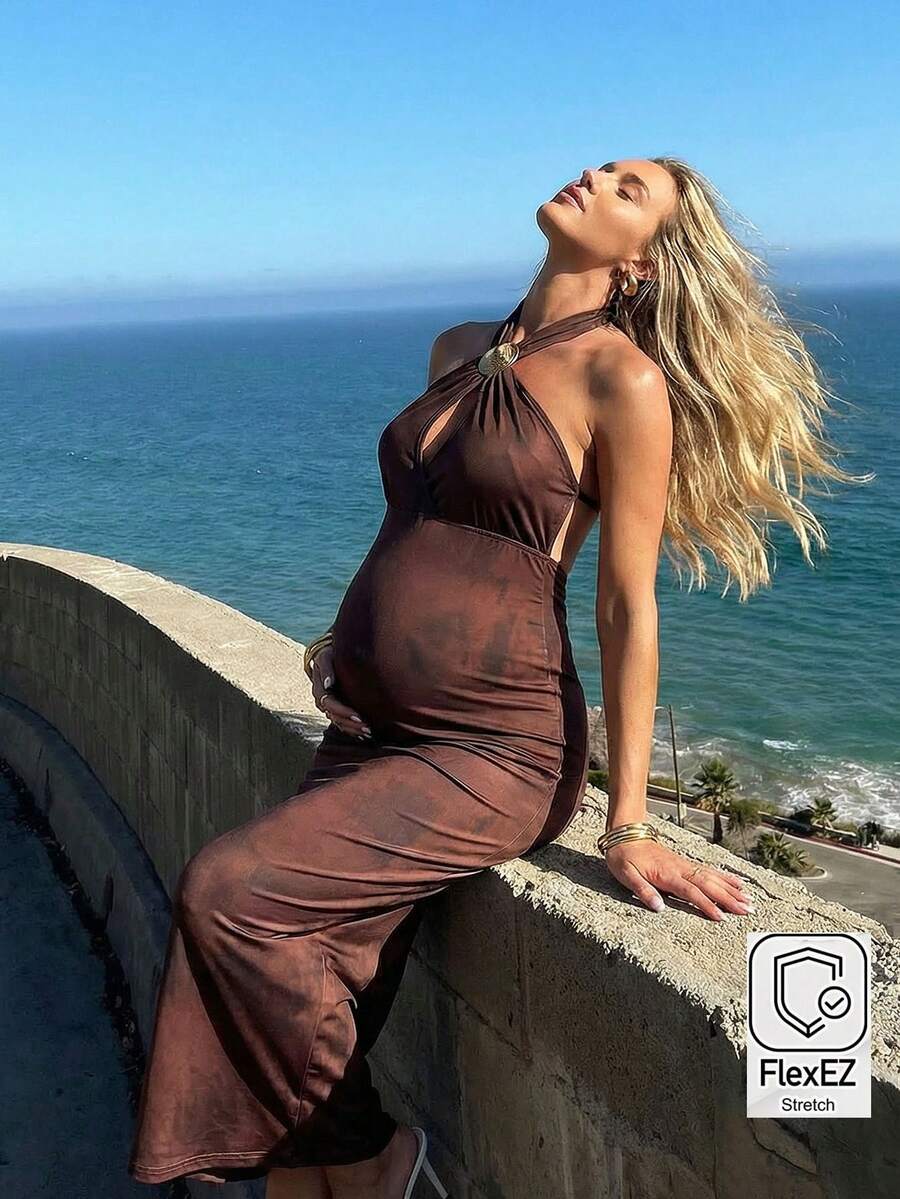 SHEIN Elegant Sexy Backless Halter Neck Maternity Dress For Summer Summer Outfits Pregnancy Dress For Photoshoot Wedding Guest Dress Elegant Dresses - Brown - View 1