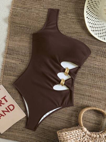 Swim Vcay 1 pieza Traje de baño de una pieza elegante para mujer con hombros con lazo y decoración metálica hueca en la cintura, para vacaciones