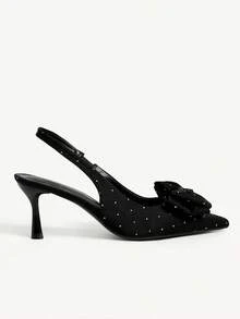 CUCCOO CHICEST Women Shoes Summer And Summer New Women's High Heel Shoes Black Bow Rhinestone Decoration Pointed Thin Heel Slip-On 7cm Elegant Satin Solid Color Commuter Dating Valentine's Day Women's Shoes Summer Shoes Wedding Shoes Bride Shoes - Black - View 3