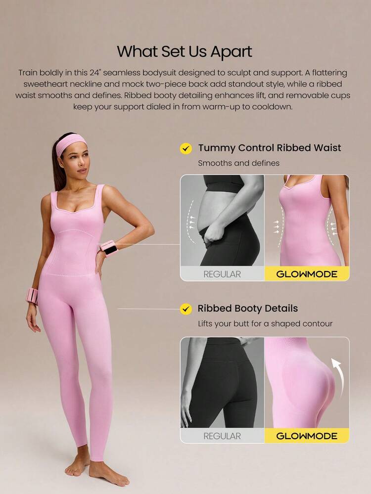 Body de 24" con cintura acanalada ultrasuave y sin costuras, con copas desmontables, escote de corazón, para entrenamiento de impacto medio, correr, hacer ejercicio y usar en el gimnasio