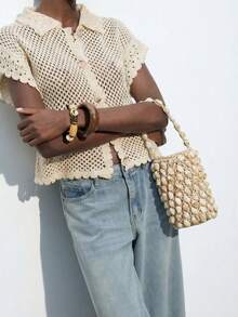 Maija Ladies, Women Top Handle Bags, Acrylic Bead Crochet Bag, Bucket Bag, Fashionable, Elegant, Simple, Personalized, Versatile, For Beach, Vacation, Holiday, Summer, Seaside, Beach Party - Beige - View 1