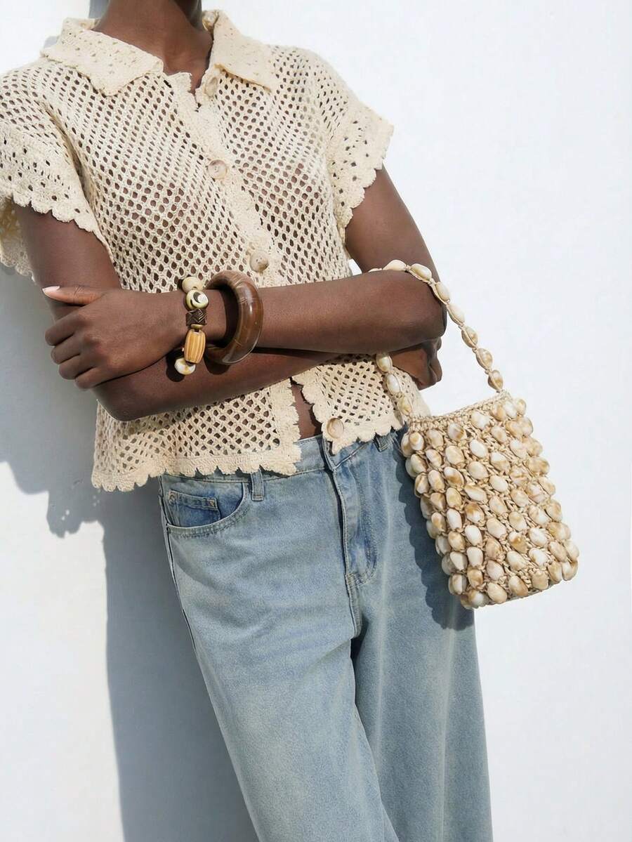 Maija Ladies, Women Top Handle Bags, Acrylic Bead Crochet Bag, Bucket Bag, Fashionable, Elegant, Simple, Personalized, Versatile, For Beach, Vacation, Holiday, Summer, Seaside, Beach Party - Beige - View 1