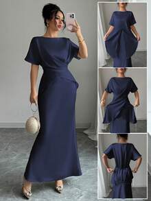 Elenzga Women Summer Navy Blue Autumn Elegant Dining Mal Dress,Satin Glossy Fabric Boat Neck Raglan Sleeve Criss-Cross Tie Waist Fish Tail Hem Back Bow Gown - Navy Blue - View 5