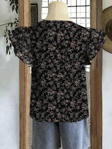 SHEIN Clasi 休闲浪漫印花大码女式衬衫，适合夏季穿着，黑色上衣，度假风。 - 彩色 - 查看 4