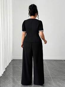 Elenzga 2pcs Plus Size Women's Elegant Sequin Satin Ribbon Square Neck Puff Sleeve Blouse,Slim Fit Long Palazzo Pants Set,Summer Black And White Wedding Guest - Black - View 2