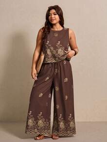Elaquor Conjunto de 2 piezas de verano para mujer, blusa sin mangas con estampado retro y pantalones rectos, ropa casual de talla grande para vacaciones, ropa de playa, ropa de trabajo formal y atuendos de fiesta - Café integral - Ver 8