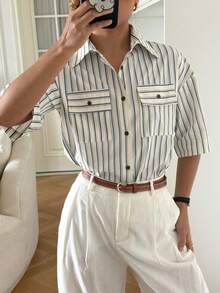 DAZY 女士休闲条纹衬衫，夏季 - 杏色 - 查看 9