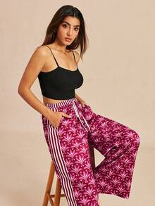 LUVLETTE Versatile Daily Burgundy Floral Wide-Leg Pants - Stripe-Accented Lounge Trousers Multi-Wear Home & Casual Wear Curve Lingerie Culotte Pyjama - Pink - View 9
