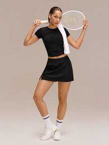 GLOWMODE Court Confidence Tummy Control Side-Split Hem Built-In Shorts Non-Slip Grips A-Line Mini Tennis Skirt Tennis Golf Pickleball Daily Casual Wear - Black - View 7