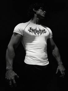 RISE LYT 男士哥特印花插肩短袖修身运动T恤图案压缩衣健身服男士压缩衣 - 白色 - 查看 3