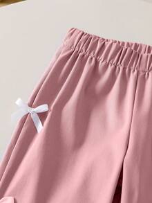 SHEIN Genkimix Kids 女童蝴蝶結印花泡泡袖上衣與長褲休閒兩件套 - 粉色 - 查看 6