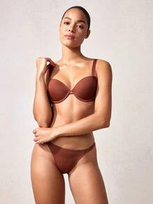 Veilyse Minimalist Solid Color Wire-Bra And Thong Underwear Set - Brown - View 7