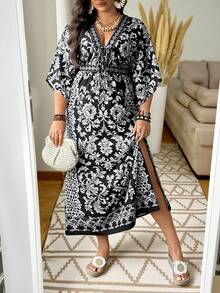 Ceyna Plus Size Women's Elegant Retro Black & White Floral Print V-Neck Maxi Dress,Summer Boho Caftan Holiday Resort Wear,Sunday Tea Party Loose Slit Hem - Black and White - View 4