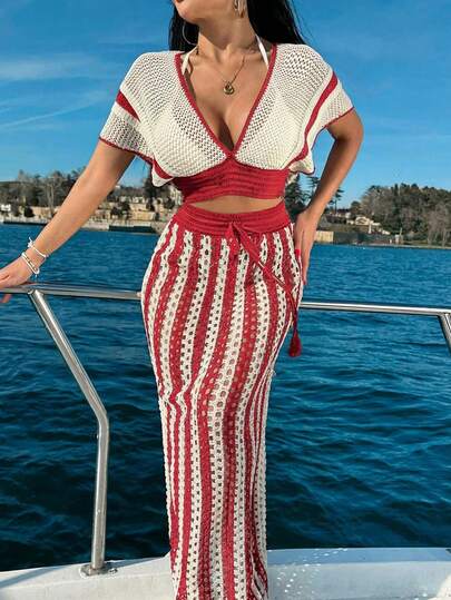 EURMUSE Women Top And Pant Boho Color Block 2pcs Cover Up Set Co-Ords