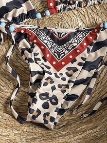 Bonvoyette Conjunto de bikini sexy de triángulo con tirantes de espagueti, estampado de leopardo y cebra, con bloques de color, cuentas y espalda descubierta, para mujeres en verano 2026 - Multicolor - Ver 11