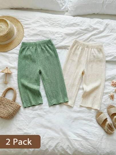 SHEIN 2pcs/Set Baby Girls' Casual Lightweight Long Pants, Green + Beige