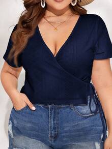Enliva Plus Size V-Neck Short Sleeve Casual Tie Side T-Shirt, For Apple And Rounded Body Shape - Navy Blue - View 5