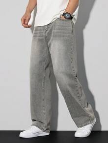 Manfinity Homme 男士休闲直筒宽松工装牛仔裤，灰色，春夏款 - 灰色 - 查看 2