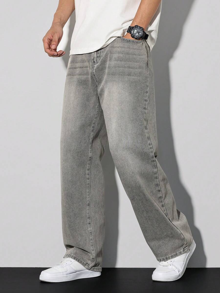 Manfinity Homme 男士休闲直筒宽松工装牛仔裤，灰色，春夏款 - 灰色 - 查看 1