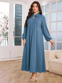 Lacomfia Plus Size Women Hollow Embroidered Button Collar Tie Waist Long Sleeve Dress - Dusty Blue - View 5