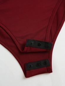 Franclia Elegant Bodysuit, Stretch Satin Bodysuit With Glossy Finish, Bow Shoulder Bodysuit, Everyday Bodysuit - Burgundy - View 7