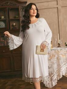Côtesoire Elegant White Night Wear,Autumn Embroidered Mesh Floral Trim Open Sleeve Maxi Nightgown, Bridal Plus Size Long Sleeve Gown For Women,Curve - White - View 5