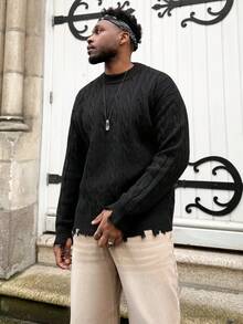 Heavens Edit ANDREILEE 男士宽松休闲街头风破洞流苏圆领长袖套头毛衣，春、秋、冬三季百搭针织衫 - 黑色 - 查看 3