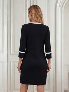 Medorina Váy dài vừa vặn, viền màu thanh lịch dành cho nữ khi đi làm - Đen và trắng - Xem 2