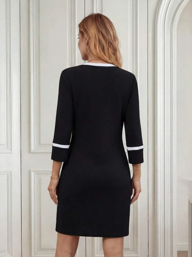 Women's Elegant Commuter Color Block Trim Fitted Mid-Length Dress