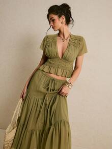 Poéselle Bộ 2 món kiểu Pháp: áo và chân váy phối ren màu trơn. - Màu xanh Ô liu - Xem 8