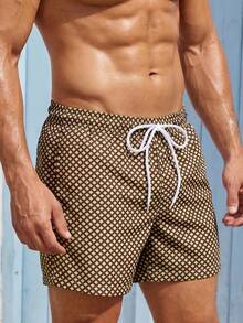 VIVINTIMO Men's Plaid Print Drawstring Waist Loose Dual Layer Beach Shorts,Hawaiian - Coffee Brown - View 4