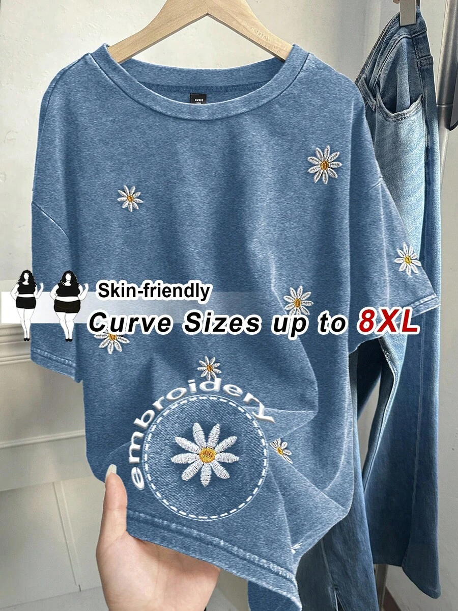 SHEIN CURVE+ 女士加大码圆领短袖宽松T恤，水洗雪花图案，带刺绣 - 藍色 - 查看 1