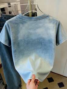 Resyla 女士仿牛仔布猫咪蝴蝶印花T恤，简约圆领短袖，时尚夏季上衣 - 彩色 - 查看 2