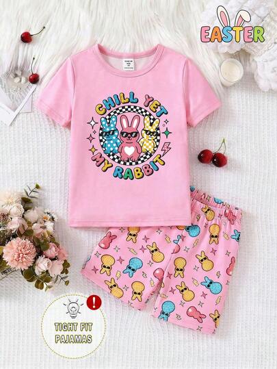 Set de 2 piezas de top de punto con cuello redondo y pantalones cortos con estampado de conejito y gafas de sol para niñas pequeñas, conjunto cómodo y casual para el hogar, color blanco, primavera/verano