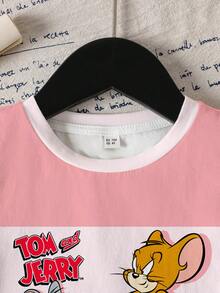 TOM & JERRY X SHEIN Áo thun ngắn tay in hình hoạt hình dành cho bé gái - trắng - Xem 3