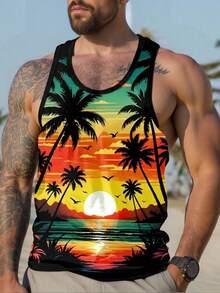 Manfinity RSRT Plus Size Men's Summer Tropical Print Trim Casual Tank Top, Holiday - Multicolor - View 1