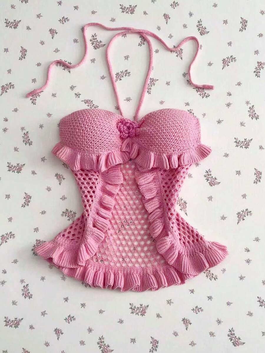 SHEIN PETITE Blusa de punto sin mangas con volantes de crochet para mujer, primavera/verano - Rosa - Ver 1