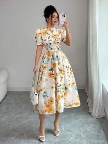 Elenzga Women's Fashionable Elegant All-Over Print Short Sleeve Midi Dress - Multicolor - View 6