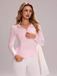 Sovereign Charm Sporty Fashionable Contrast Stripe Splice Fitted Zip-Up Sweatshirt - Pink - View 6