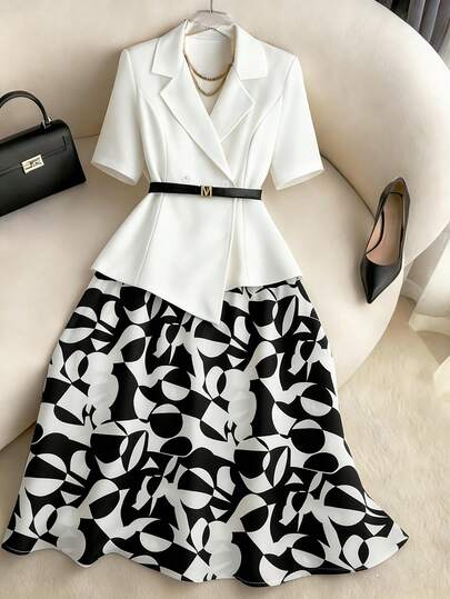 GlowEve CURVE Plus Size 2-Piece Set: Printed Shirt Collar Top And Dress, Commuting Fashion Summer Outfit