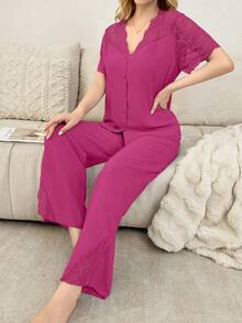 SHEIN Lace Patchwork Sheer Shoulder Cardigan Short Sleeve Pajama Set For Women - Hot Pink - View 4