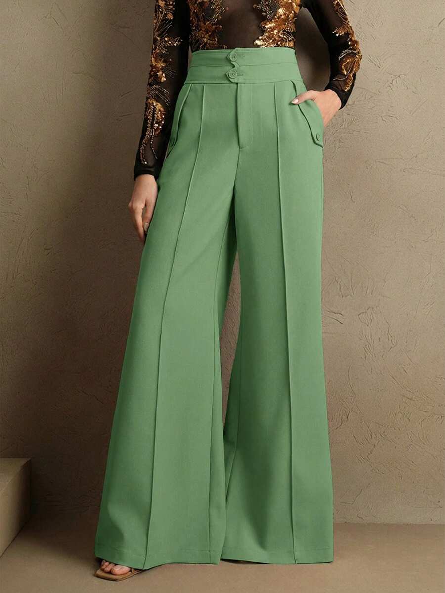 Anewsta 优雅高腰喇叭西装裤，时尚都市风，新年穿搭 - 綠色 - 查看 1