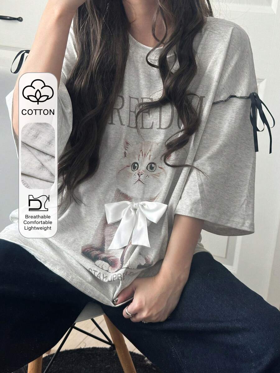 FRIFUL 女士圆领撞色蝴蝶结装饰宽松前片动物印花3D蝴蝶结装饰休闲夏季T恤图案T恤女款加大码 - 白色 - 查看 1