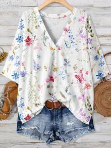 EMERY ROSE Watercolor Floral Casual Minimalist Plus Size T-Shirt, Suitable For Summer - Multicolor - View 1
