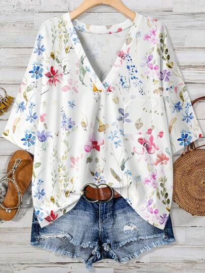 EMERY ROSE 水彩花卉休闲简约大码T恤，适合夏季穿着