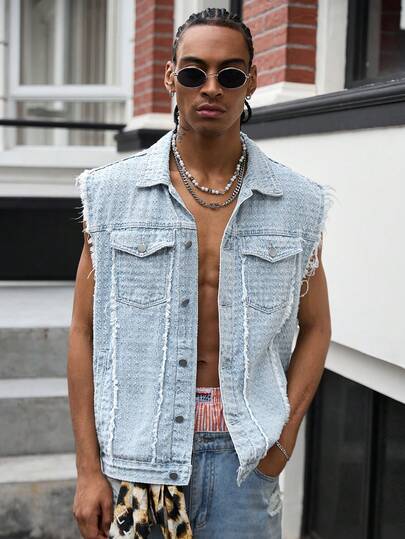 GALLERY FADE Men's Casual Street Style Distressed Denim Vest