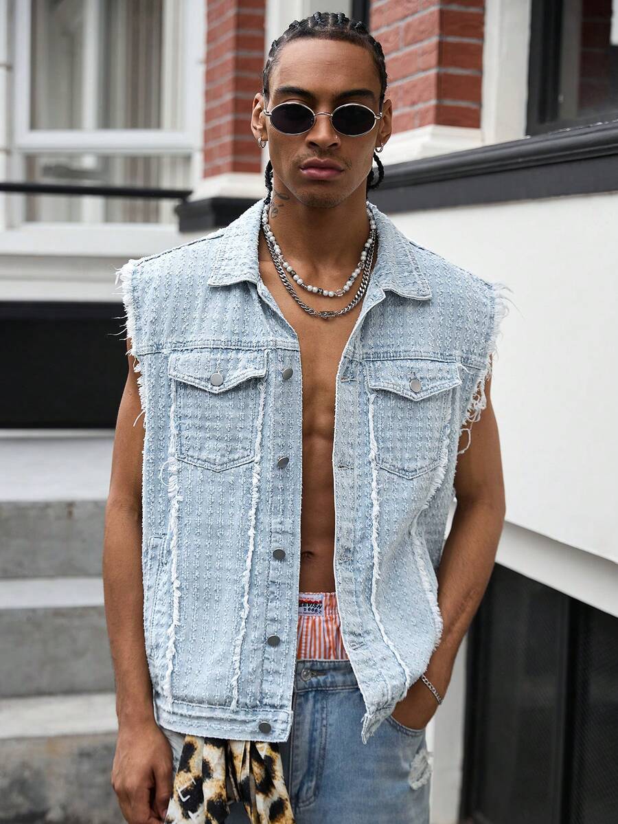 GALLERY FADE Men's Casual Street Style Distressed Denim Vest - Light Wash - View 1