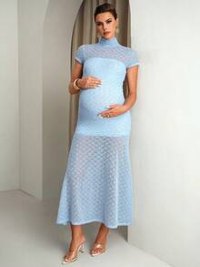 MaterniChic Đầm bầu cổ cao tay ngắn ôm dáng thanh lịch - Màu xanh lam - Xem 5