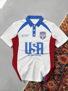 Aesthetic Post 复古美国字母印花 Polo 衫，翻领短袖，红白蓝撞色休闲运动上衣，男士图案 T 恤，女士图案 T 恤，男士时尚运动上衣，足球/橄榄球男士短袖 Polo 衫 - 彩色 - 查看 6